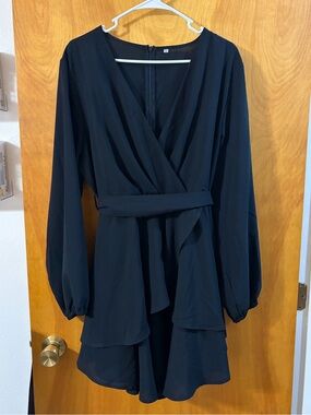 Women’s Black Long-Sleeve Wrap Dress with Waist Tie